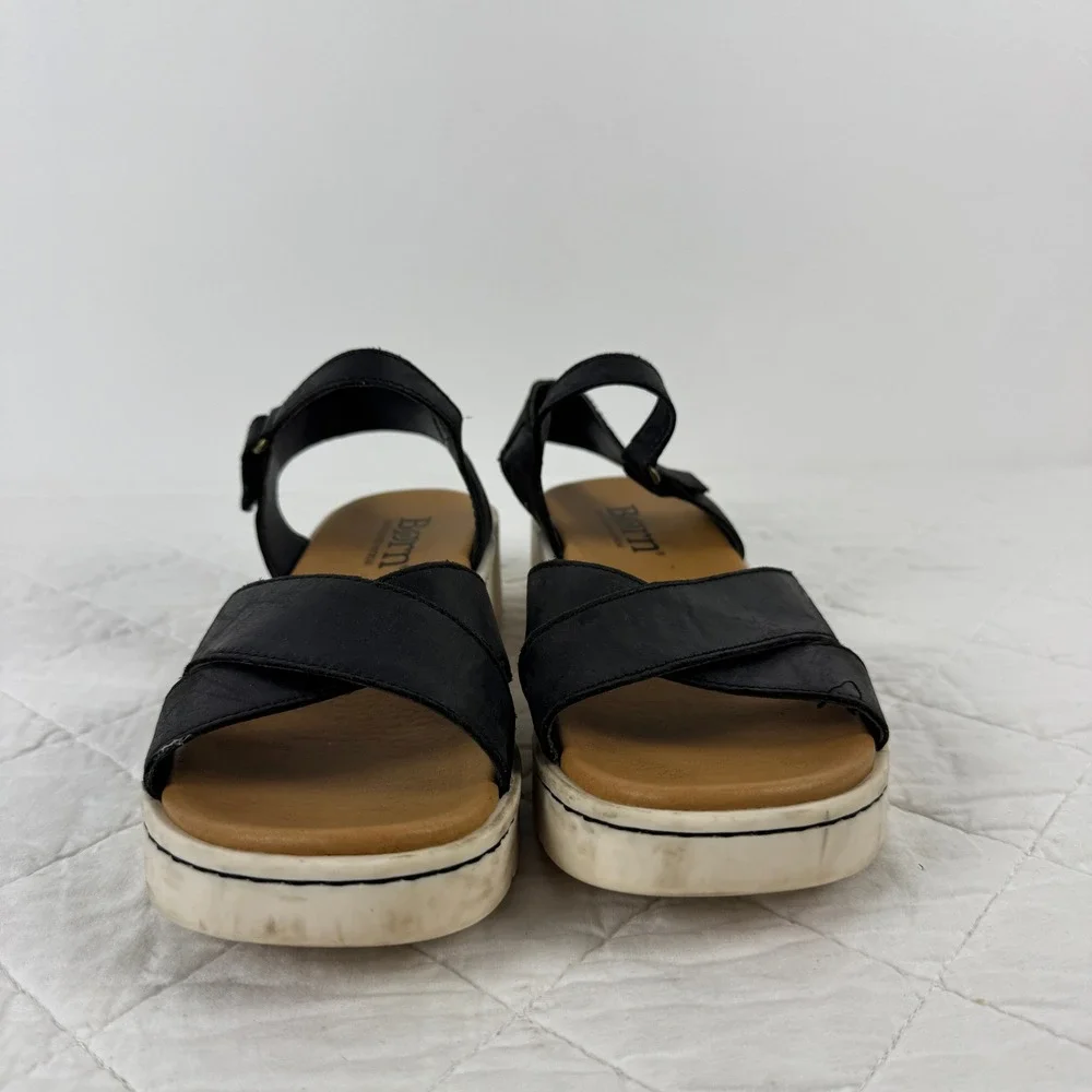 BORN Katrina Leather‎ Ankle Strap Platform Wedge Sandals Women Size 8M Black